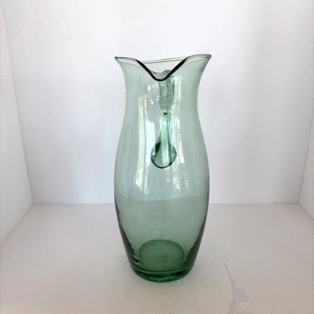 Water Pitcher Carafe with Handle Art Glass Hand Blown Jug Bubbles Green- VTG
